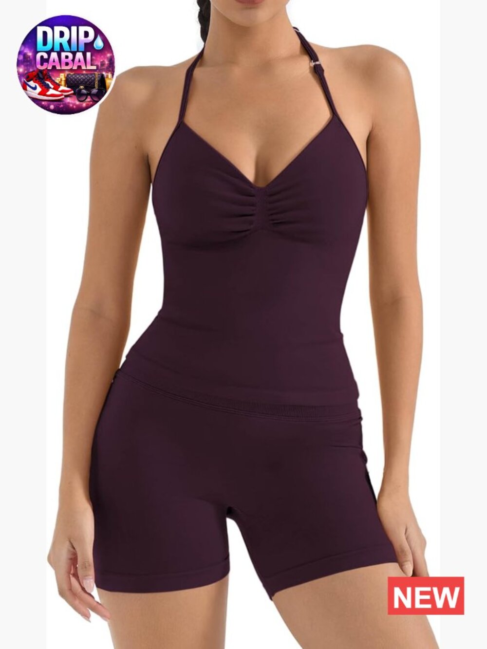 Seamless 2 Piece Workout Set Halter Backless Strappy Tank Top Bike Shorts